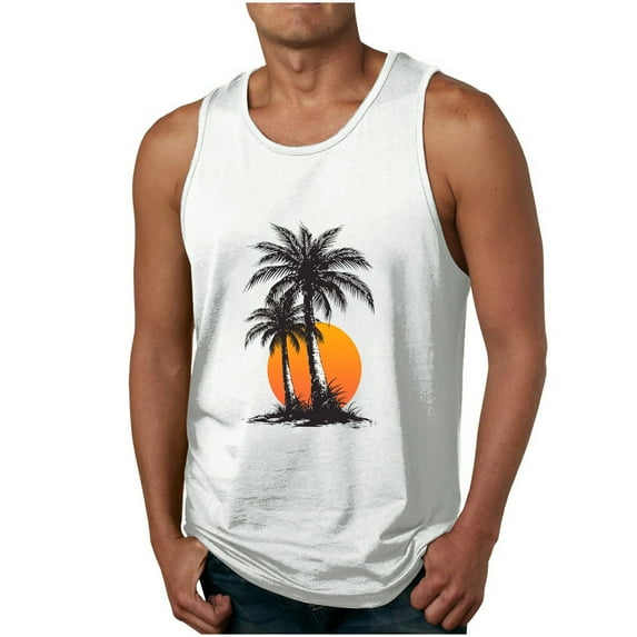 ZCFZJW Men's Workout Tank Tops Sleeveless Muscle Gym Shirt Quick Dry Summer Tropical Palm Tree Pattern Print Crew Neck Basic Tees Shirt White XXL