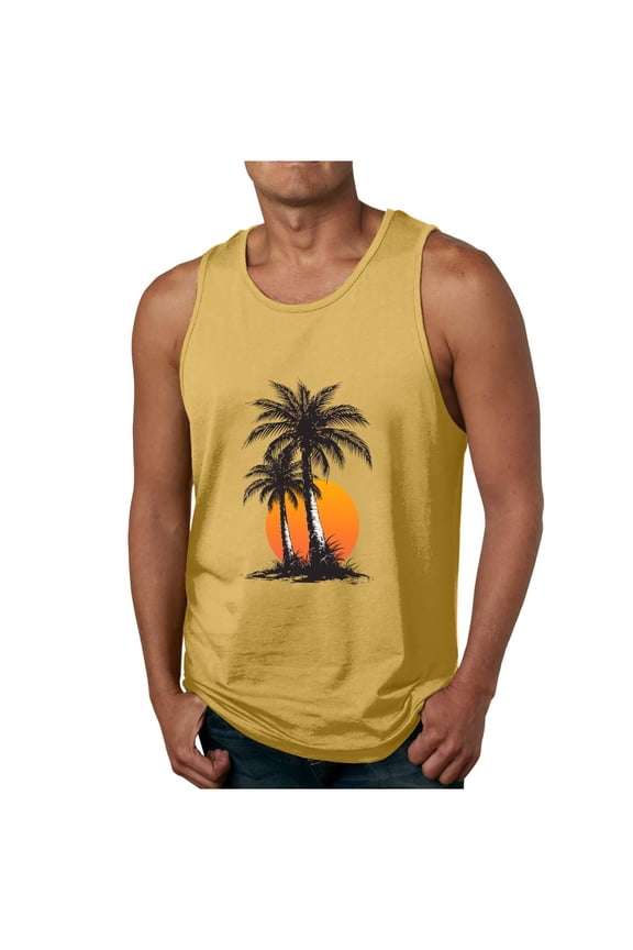 Men's Workout Tank Tops Sleeveless Muscle Gym Shirt Quick Dry Summer Tropical Palm Tree Pattern Print Crew Neck Basic Tees Shirt Yellow XL