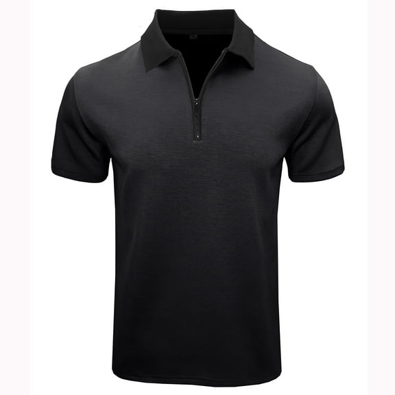 ZCFZJW Men's Zipper Polo Shirt Lightweight Casual Summer Solid Color Short Sleeve Polo T Shirt Classic Fit Business Collared T-Shirts Tops Black S