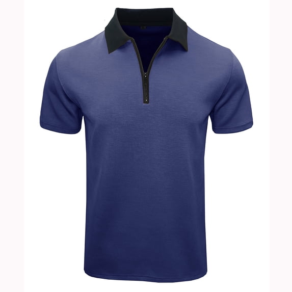 ZCFZJW Men's Zipper Polo Shirt Lightweight Casual Summer Solid Color Short Sleeve Polo T Shirt Classic Fit Business Collared T-Shirts Tops Dark Blue M