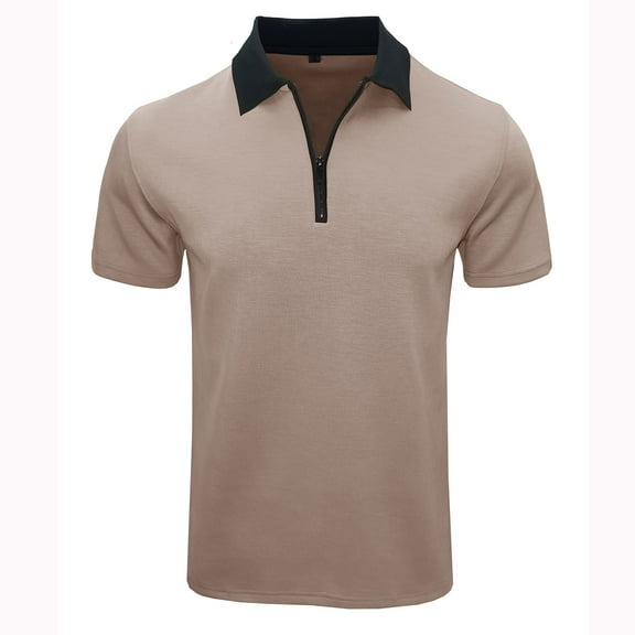 ZCFZJW Men's Zipper Polo Shirt Lightweight Casual Summer Solid Color Short Sleeve Polo T Shirt Classic Fit Business Collared T-Shirts Tops Khaki S