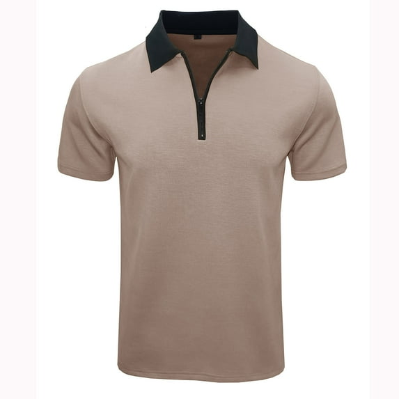 ZCFZJW Men's Zipper Polo Shirt Lightweight Casual Summer Solid Color Short Sleeve Polo T Shirt Classic Fit Business Collared T-Shirts Tops Khaki XXL