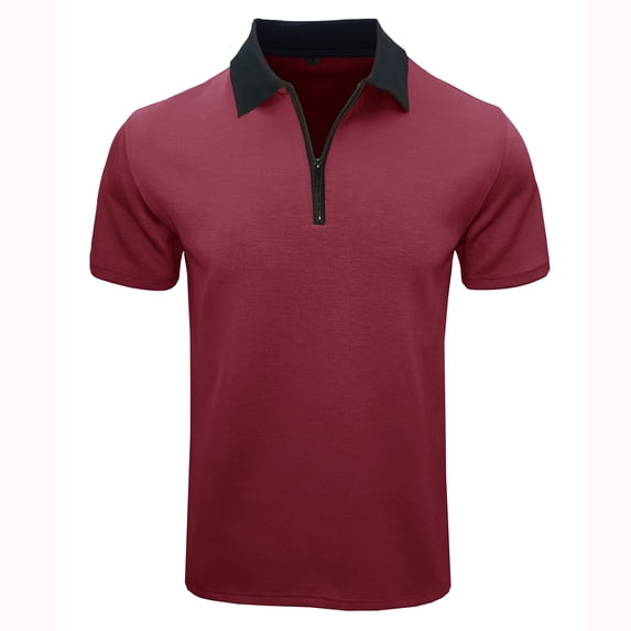 ZCFZJW Men's Zipper Polo Shirt Lightweight Casual Summer Solid Color Short Sleeve Polo T Shirt Classic Fit Business Collared T-Shirts Tops Wine XXL