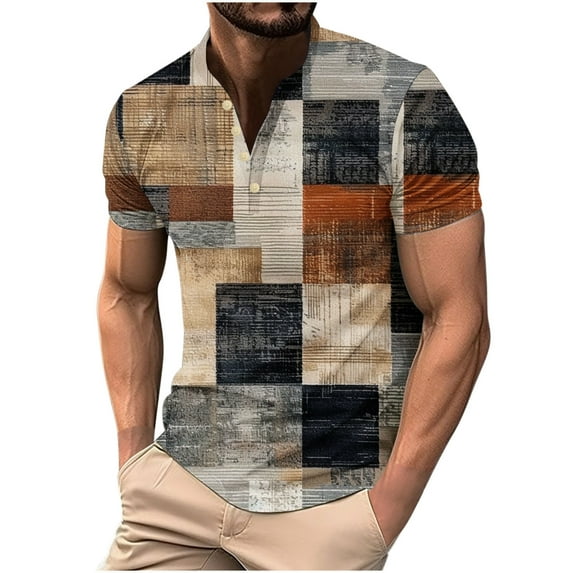ZCFZJW Mens 1/4 Button up Western Shirts Vintage Color Block Print Summer V Neck Short Sleeve Big and Tall Regular Fit Graphic Tees Shirt Tops Multicolor#05 M