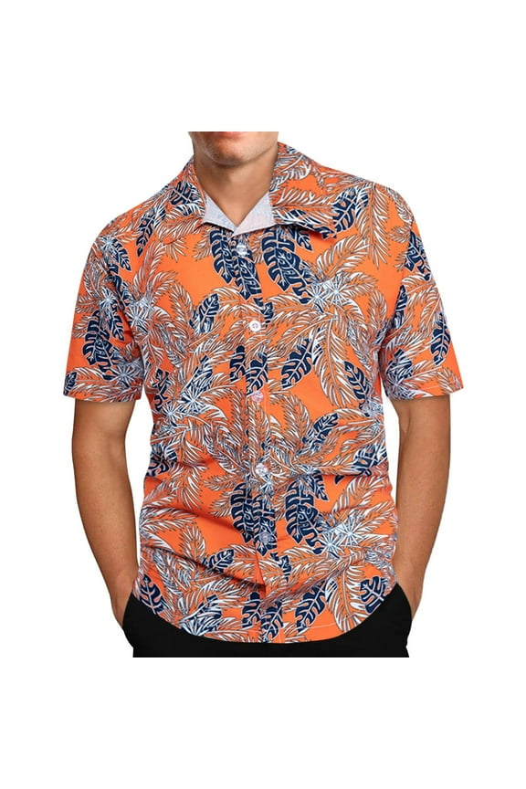 Mens 100% Cotton Hawaiian Shirts Big and Tall Button Down Short Sleeve Beach Shirts Summer Casual Tropical Print Aloha Holiday Shirts Orange XL