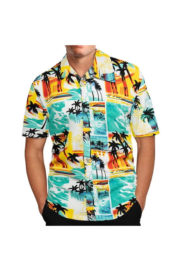 Mens 100% Cotton Hawaiian Shirts Big and Tall Button Down Short Sleeve Beach Shirts Summer Casual Tropical Print Aloha Holiday Shirts Z05-Yellow XXXXL