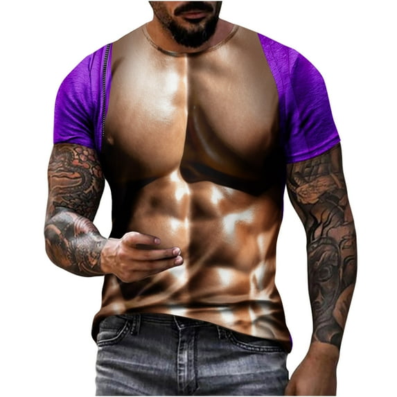 ZCFZJW Mens 3D Novelty Print Summer T-Shirts Funny Fake Muscle Pattern Graphic Short Sleeve Big and Tall Regular Fit Graphic Tees Shirt Trendy Holiday Vacation Tops Purple S
