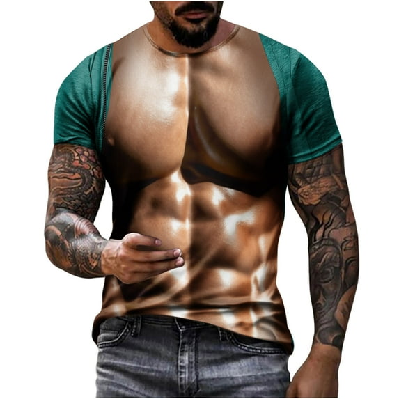 ZCFZJW Mens 3D Novelty Print Summer T-Shirts Funny Fake Muscle Pattern Graphic Short Sleeve Big and Tall Regular Fit Graphic Tees Shirt Trendy Holiday Vacation Tops Green S