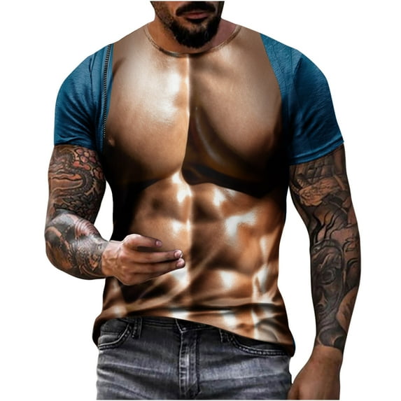 ZCFZJW Mens 3D Novelty Print Summer T-Shirts Funny Fake Muscle Pattern Graphic Short Sleeve Big and Tall Regular Fit Graphic Tees Shirt Trendy Holiday Vacation Tops Dark Blue S
