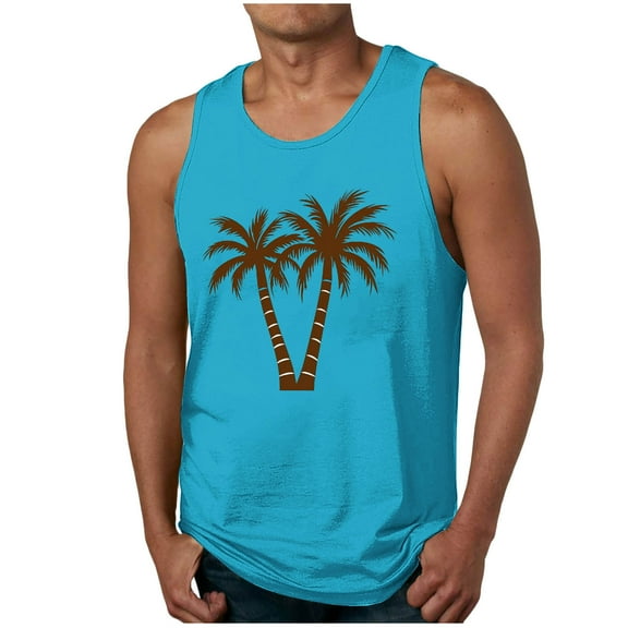 ZCFZJW Mens 3D Tank Top Novelty Tropical Palm Tree Pattern Graphic Breathable Quick Dry Sleeveless Beach Athletic Tees Vest Tops Sky Blue L