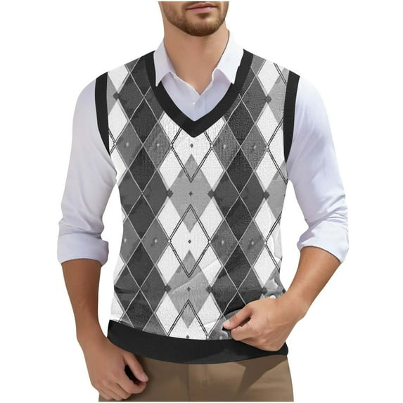 ZCFZJW Mens Argyle Knitwear Vest Plus Size V Neck Sleeveless Lightweight Slim Fit Pullover Knitted Sweater Casual Work Business Tank Tops Gray#02 XL