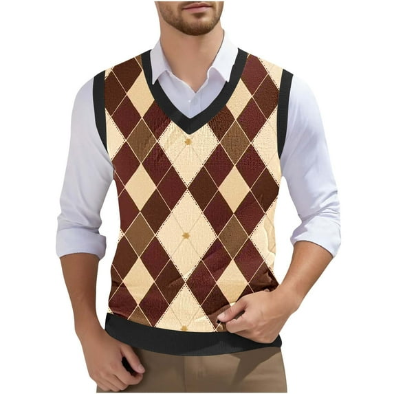 ZCFZJW Mens Argyle Knitwear Vest Plus Size V Neck Sleeveless Lightweight Slim Fit Pullover Knitted Sweater Casual Work Business Tank Tops Khaki#02 XXL