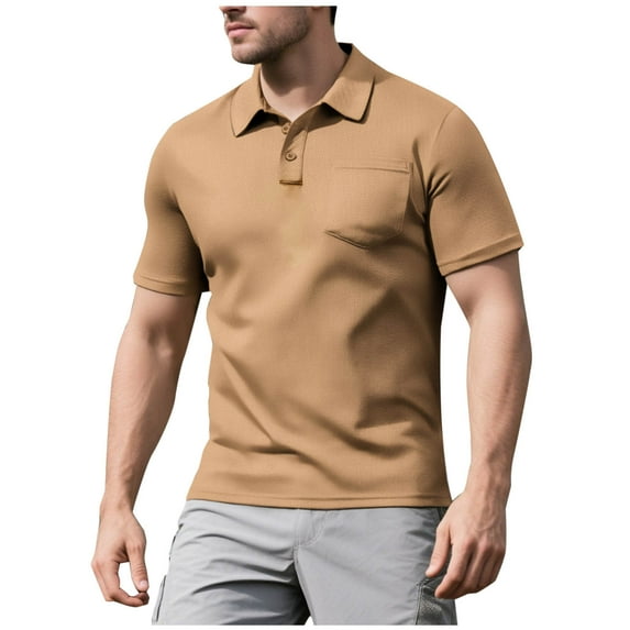 ZCFZJW Mens Athletic Golf Polo Shirts Casual Summer Short Sleeve Workout Tees Shirt Lightweight Quick Dry Basic T-Shirt with Pockets Khaki XL