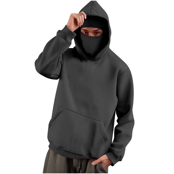 ZCFZJW Mens Balaclava Hoodie with Ski Mask Lightweight Fall Spring Fleece Lined Double Hooded Sweatshirt Windproof with Pocket for Fishing Running Hiking Dark Gray L