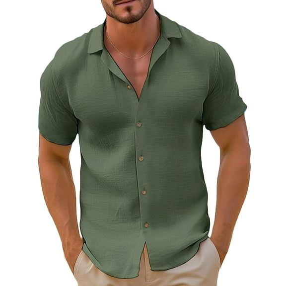 ZCFZJW Mens Beach Hawaiian Shirt Short Sleeve Solid Color Button Down Shirts Casual Cuban Collared Summer Vacation Tropical Shirts Army Green S