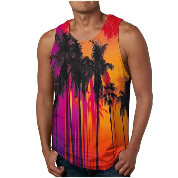 ZCFZJW Mens Beach Tank Tops Summer Sleeveless Tropical Pattern Tees Shirt Loose Regular Fit Graphic Quick Dry Gym Workout Tanks Top Orange#02 M