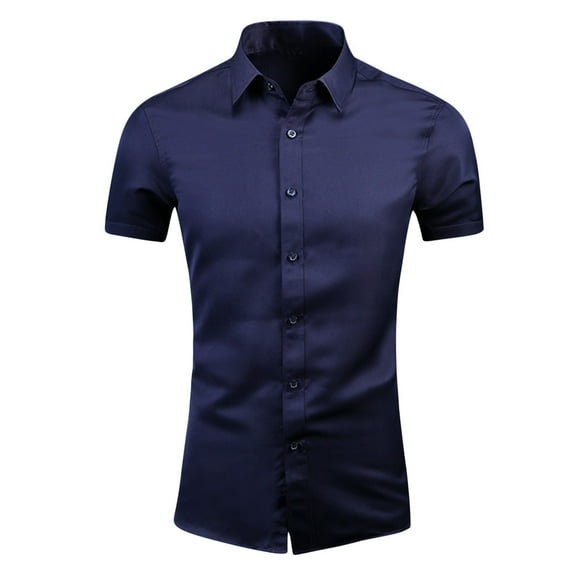 ZCFZJW Mens Business Work Shirts Casual Lapel Collar V Neck Short Sleeve Button Down Collar T-Shirts Trendy Slim Fit Basic Office Tees Shirt Tops Navy XL