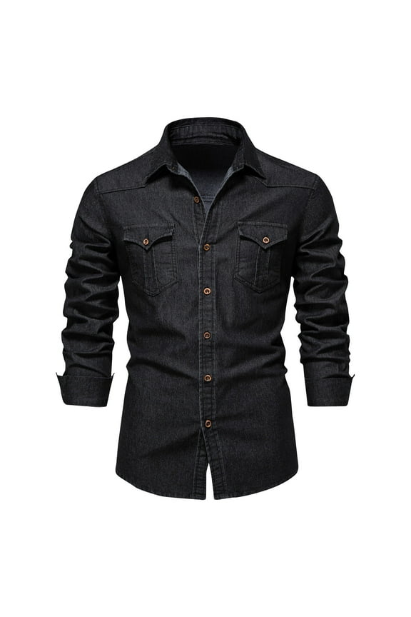 Mens Button Down Denim Shirt Long Sleeve Lapel Jean Shirt Casual Slim Fit Washed Denim Cargo Shirts with Chest Pockets Black XXL