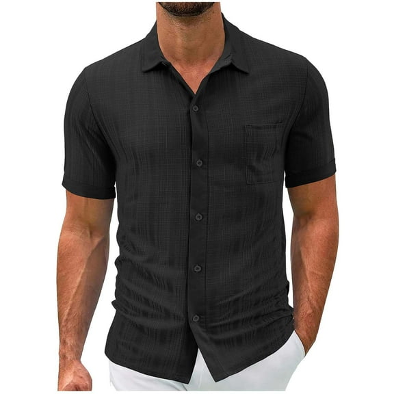 ZCFZJW Mens Button Down Linen Shirt Short Sleeve Casual Plaid Button Up Shirt Summer Beach Vacation Hawaiian Shirts with Pocket Black S