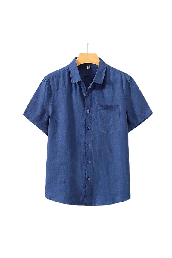 Mens Button Down Linen Shirts Lightweight Short Sleeve Casual Collared Vacation Tees Shirt Summer Beach Untucked Tops with Pockets Navy XXL