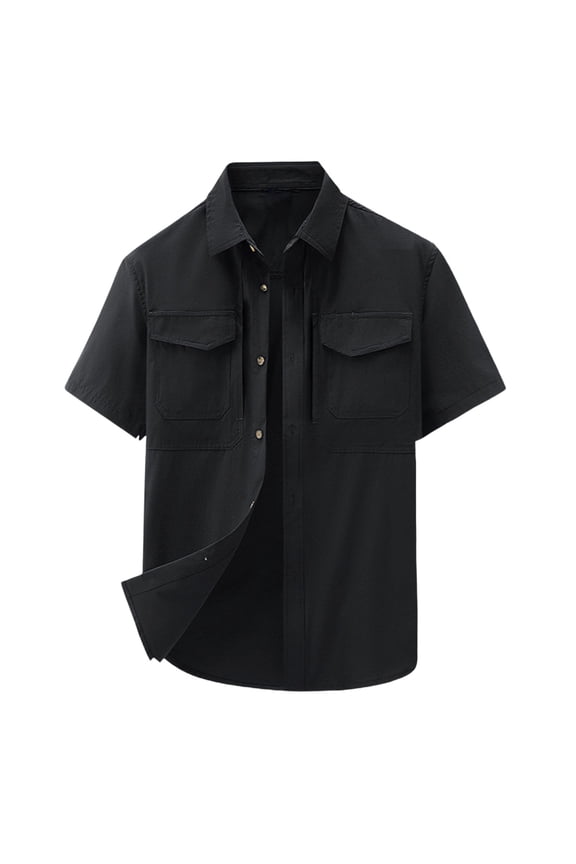 Mens Button Down Short Sleeve Cargo Shirt Regular Fit Button Up Work Shirts with Two Pockets Loose Outdoor Athletic T-Shirts Black L