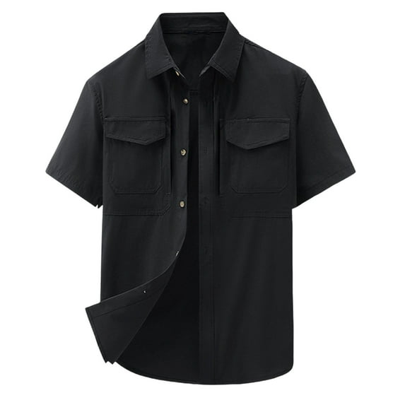 ZCFZJW Mens Button Down Short Sleeve Cargo Shirt Regular Fit Button Up Work Shirts with Two Pockets Loose Outdoor Athletic T-Shirts Black XL