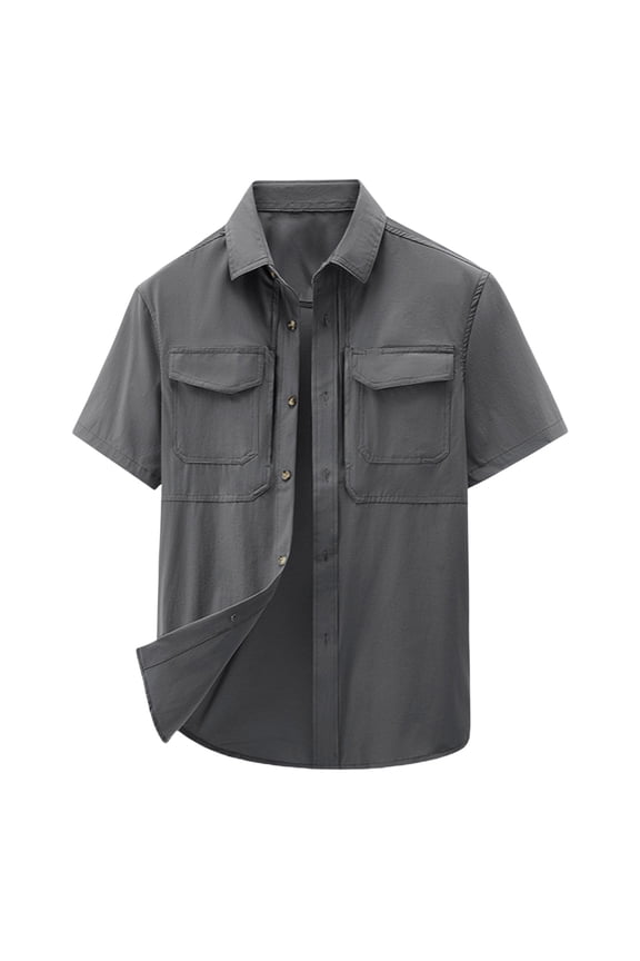 Mens Button Down Short Sleeve Cargo Shirt Regular Fit Button Up Work Shirts with Two Pockets Loose Outdoor Athletic T-Shirts Gray L