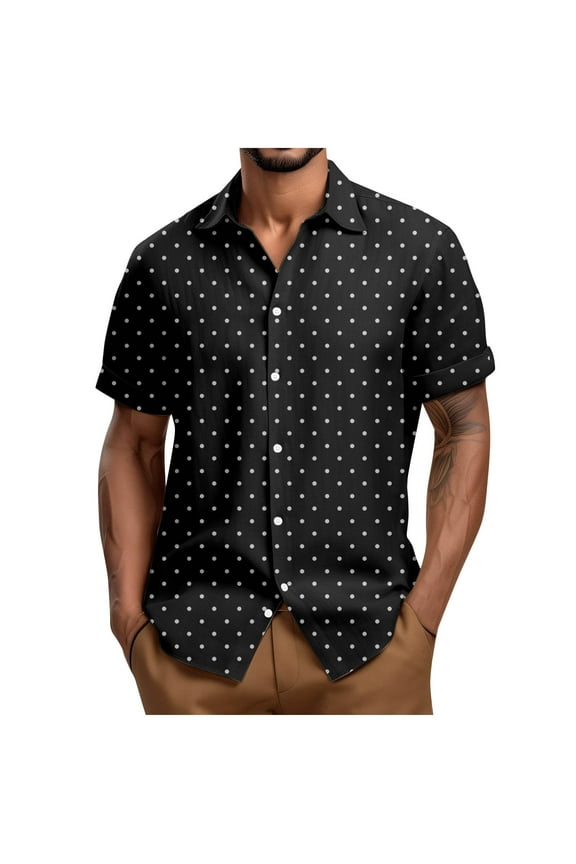 Mens Button Down Slim Fit Dress Shirt Fashion Polka Dot Printed Short Sleeve Button Down Shirts Summer Business Casual Work Shirts Black XL