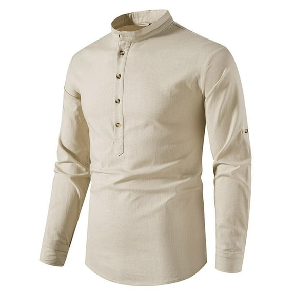 ZCFZJW Mens Button Henley Shirts Casual Roll-up Long Sleeve Solid Color Stand Collar Business Work T-Shirts Trendy Slim Fit Basic Workout Tees Tops Khaki XL