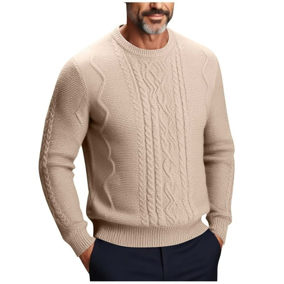 ZCFZJW Mens Cable Knit Sweater Lightweight Casual Long Leeve Crewneck Pullover Sweaters Basic Twist Textured Fisherman Sweater Tops Khaki XL