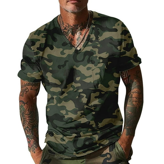 ZCFZJW Mens Camo Shirts Loose Lightweight Casual Summer Short Sleeve V Neck Big and Tall Regular Fit Graphic Tees Shirt Tops Camouflage M
