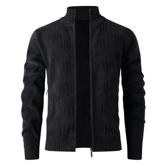 ZCFZJW Mens Cardigan Sweater Full Zip Long Sleeve Fleece Lined Cable Knitted Stand Collar Cardigan Outwear Jacket Casual Long Sleeve Sweaters with Pockets Dark Gray XL