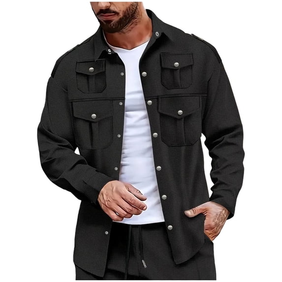 ZCFZJW Mens Cargo Shirt Fall Winter Casual Button Up Western Shirts Long Sleeve Lightweight Shacket Jacket with Multi Flap Pockets Black M