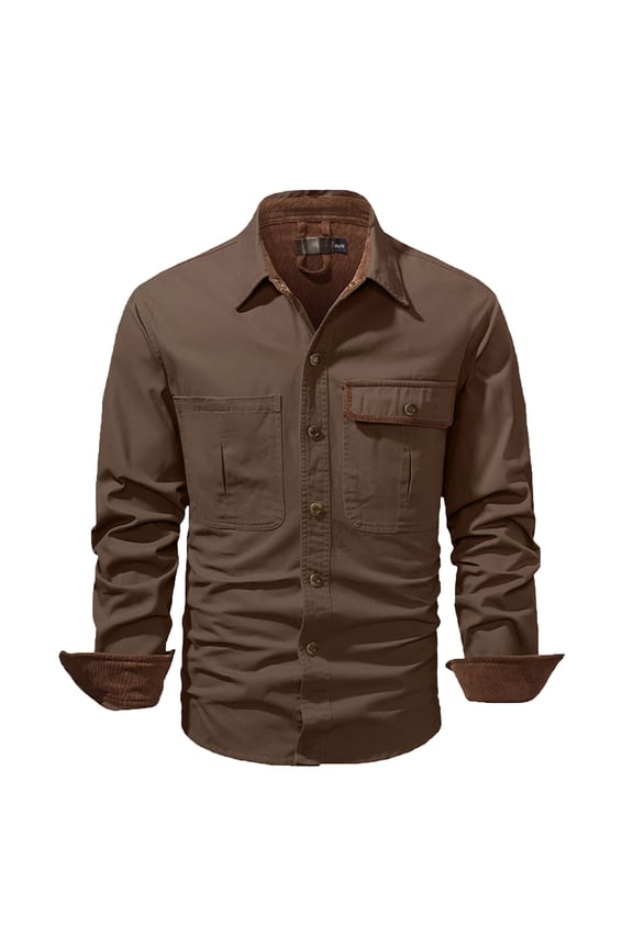 Mens Cargo Shirts Long Sleeve Hiking Travel Shirts Regular Fit Casual Button Down Outdoor Tactical Shirts with Multi-Pockets Brown L