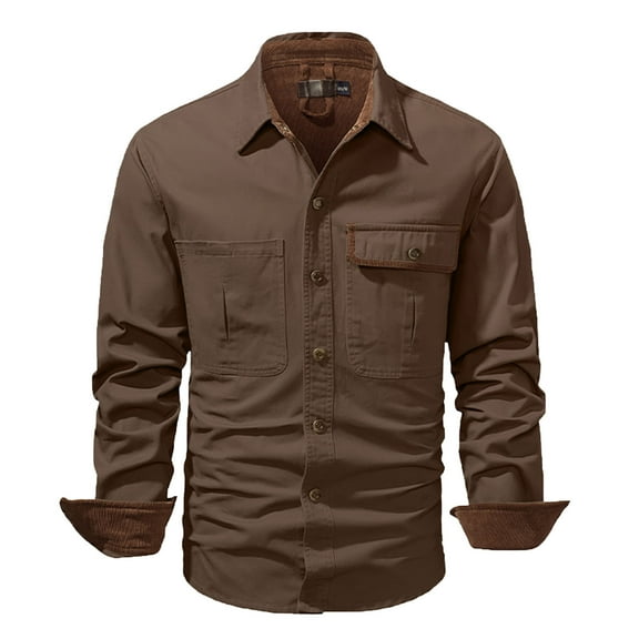 ZCFZJW Mens Cargo Shirts Long Sleeve Hiking Travel Shirts Regular Fit Casual Button Down Outdoor Tactical Shirts with Multi-Pockets Brown M