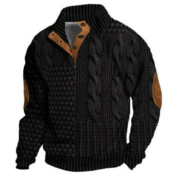 ZCFZJW Mens Casual 1/4 Button up Sweaters Big and Tall Regular Fit Long Sleeve Twist Cable Knit Pullover Sweatshirts Trendy Stand Collar Athletic T-Shirt Tops Black L