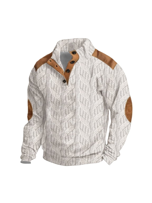 Mens Casual 1/4 Button up Sweaters Fall Winter Long Sleeve Twist Cable Knit Stand Collar Pullover Trendy Big and Tall Regular Fit Comfy Jumper Jacket Tops with Elbow Patch Black M
