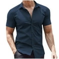 thumbnail image 1 of ZCFZJW Mens Casual Button up Business Shirts Summer Short Sleeve Solid Color Lapel Collar T-Shirts Trendy Beach Hawaiian Vacation Holiday Tees Shirt Tops Navy S, 1 of 6