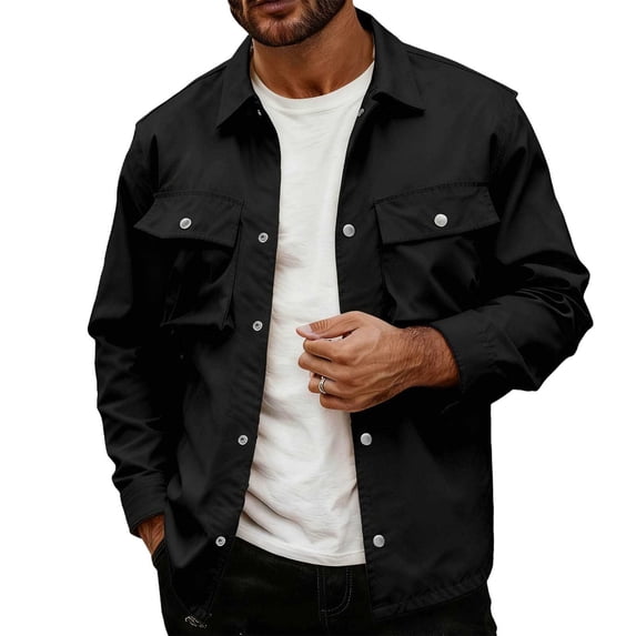 ZCFZJW Mens Casual Button Down Cargo Shirts Regular Fit Casual Long Sleeve Wrinkle-Free Shirt Lightweight Shirt Jacket with Flap Pockets Black XXL