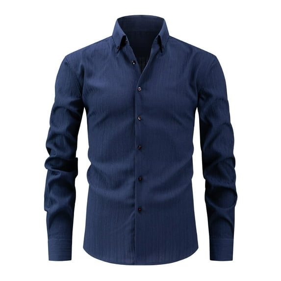 ZCFZJW Mens Casual Button Down Dress Shirts Long Sleeve Stretchy Wrinkle Free Work Business T-Shirts Slim Fit Basic Collared Tshirt Tops Navy L