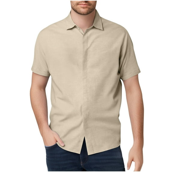 ZCFZJW Mens Casual Button Down Linen Shirts Trendy Cotton Summer Short Sleeve Solid Color Work Business Lapel Collared T-Shirts Tops Khaki XXXL