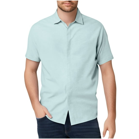 ZCFZJW Mens Casual Button Down Linen Shirts Trendy Cotton Summer Short Sleeve Solid Color Work Business Lapel Collared T-Shirts Tops Mint Green XL