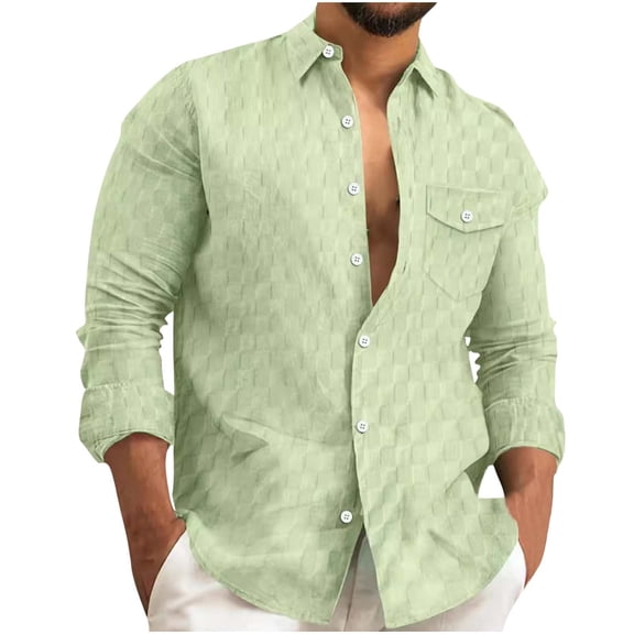 ZCFZJW Mens Casual Button Down Long Sleeve Shirts Big and Tall Regular Fit Plaid Lapel Collared Work Business T-Shirts with Pockets Green XL