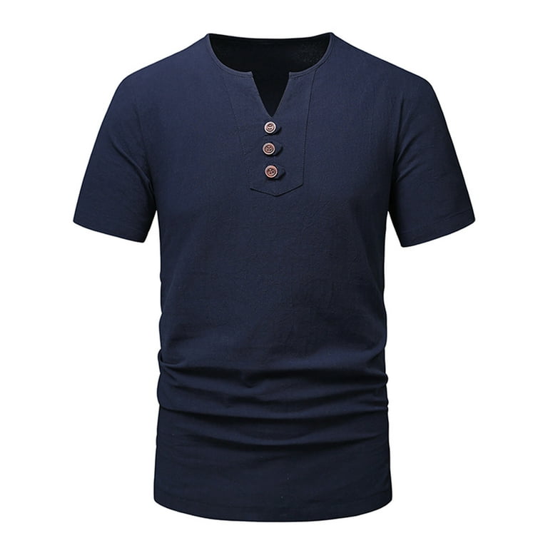 Zcfzjw Mens Casual Button Down V Neck Pola Golf Shirts Summer Slim Fit Quick-Dry Short Sleeve Solid Color Side Slit Athletic Tshirt Tops Navy XL