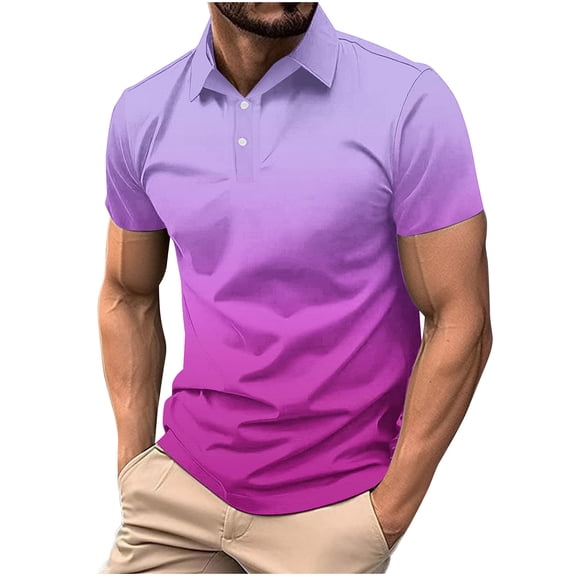 ZCFZJW Mens Casual Button up Henley Shirts Loose Fit Short Sleeve Tie Dye Gradient Print Lapel Collar V Neck Pullover Tops Trendy Holiday Vacation Tees Shirt Purple M