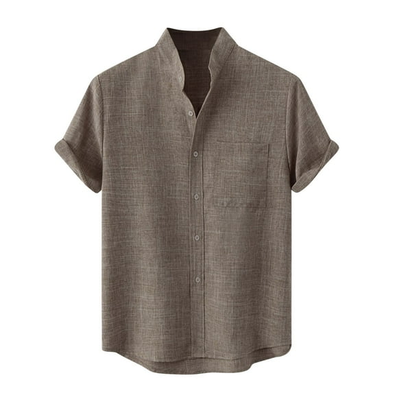 ZCFZJW Mens Casual Button Shirts Big and Tall Regular Fit Summer Short Sleeve Cotton and Linen T-Shirts Loose Lightweight Comfy Holiday Beach Tops with Pocket Khaki M