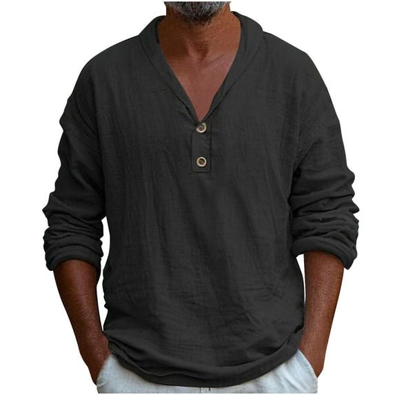 ZCFZJW Mens Casual Button V Neck Henley Shirts Big and Tall Regular Fit Solid Color Long Sleeve Cotton and Linen T-Shirts Lapel Collar Pullover Tops Black XL