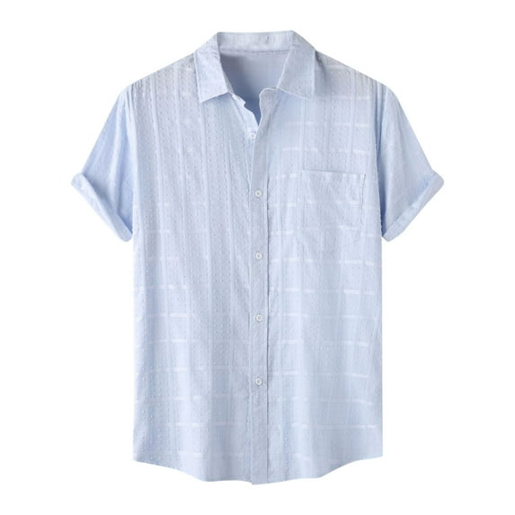 ZCFZJW Mens Casual Cotton Linen Shirts Trendy Solid Color Summer Short Sleeve Button up Workout Athletic T-Shirts Loose Lightweight Comfy Tees Tops Light Blue S