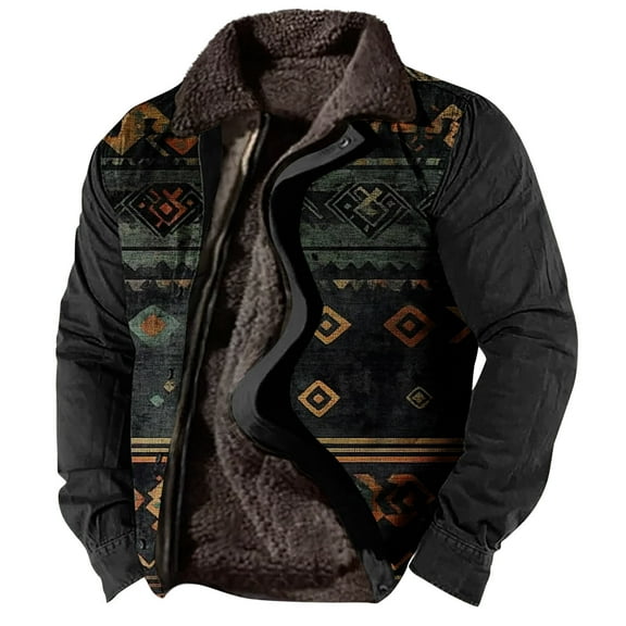 ZCFZJW Mens Casual Full Zip up Sherpa Fleece Lined Thick Warm Jacket Big and Tall Regular Fit Vintage Ethnic Style Aztec Print Long Sleeve Open Front Cardgian Outwear Tops with Pockets L