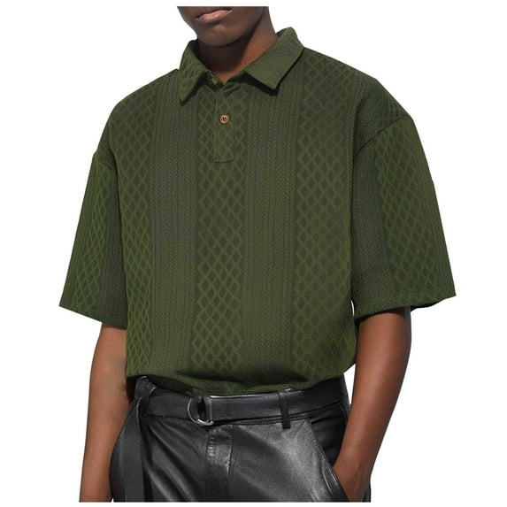 ZCFZJW Mens Casual Half Button Down T-Shirts Trendy Solid Color Texture Knitted Lapel Collared Short Sleeve Athletic Workout Tees Tops Green M